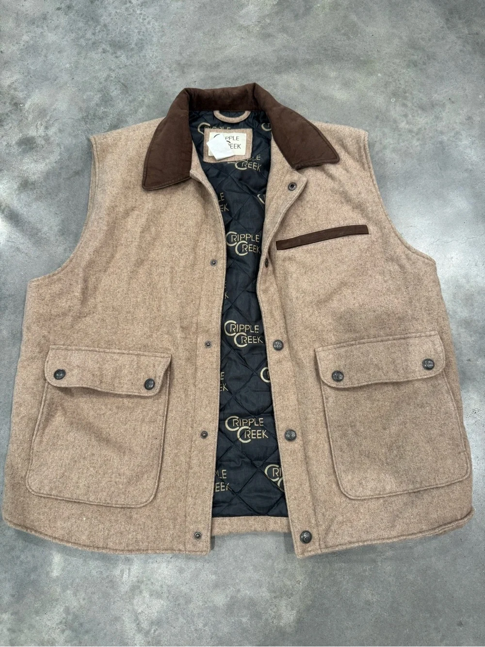 CRipple Creek Men's Tan Wool-Blend Vest with Contrast Collar